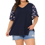 AGNES ORINDA Women's Plus Size Floral Top Summer V Neck Flutter Short Sleeve Casual Blouses Tee 2025 3X Dark Blue