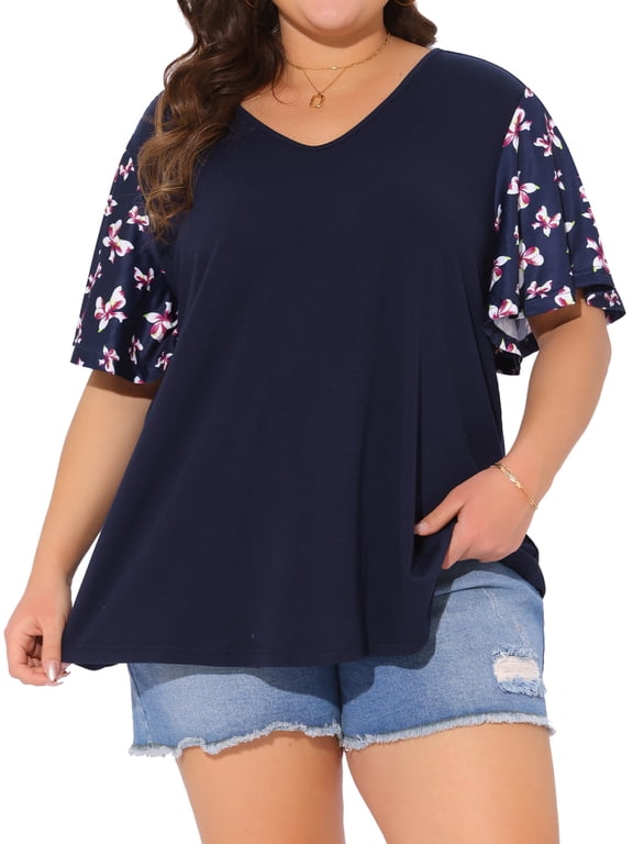 Women's Plus Size Floral Top Summer V Neck Flutter Short Sleeve Casual Blouses Tee 2025 3X Dark Blue