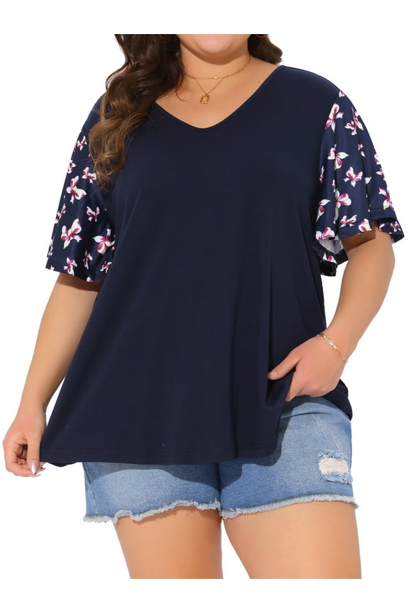 Women's Plus Size Floral Top Summer V Neck Flutter Short Sleeve Casual Blouses Tee 2025 3X Dark Blue