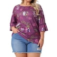 thumbnail image 1 of GRACE & GRANDEUR Women's Plus Size Tops Boat Neck 3/4 Ruffle Sleeve Dressy Casual Work Shirts Floral Blouses 1X Purple, 1 of 5