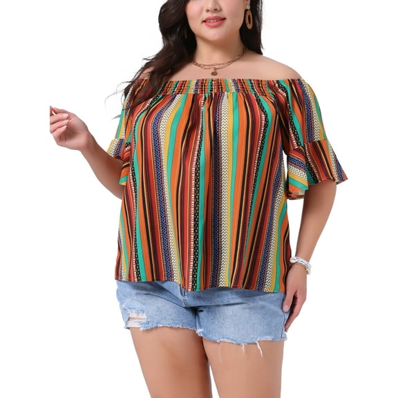 Agnes Orinda Women's Plus Size Striped Tops Boho Off Shoulder Flare Short Sleeve Casual Blouse 1X Orange
