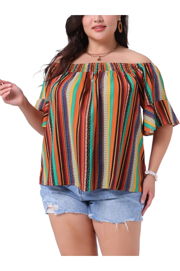 Women's Plus Size Striped Tops Boho Off Shoulder Flare Short Sleeve Casual Blouse 1X Orange