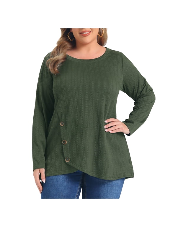 Women's Plus Size Tops Buttons Crossover Hem Crew Neck Long Sleeve Textured Fall Winter Blouses Top 1X Army Green