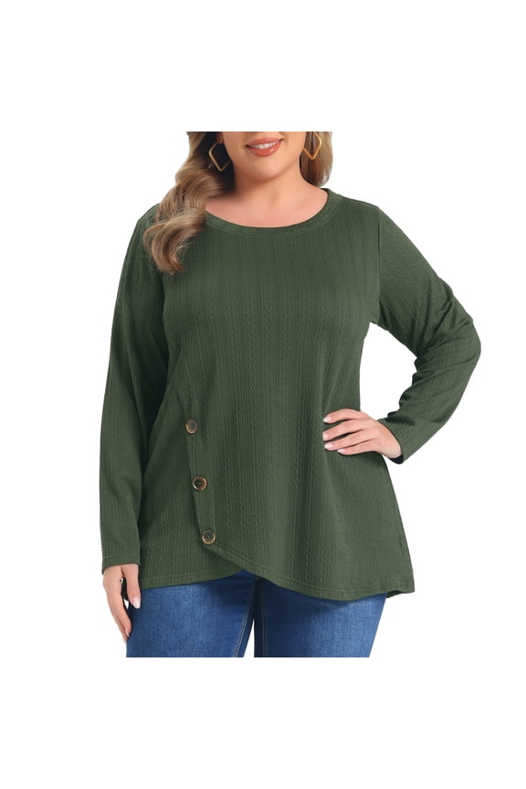 Women's Plus Size Tops Buttons Crossover Hem Crew Neck Long Sleeve Textured Fall Winter Blouses Top 2X Army Green