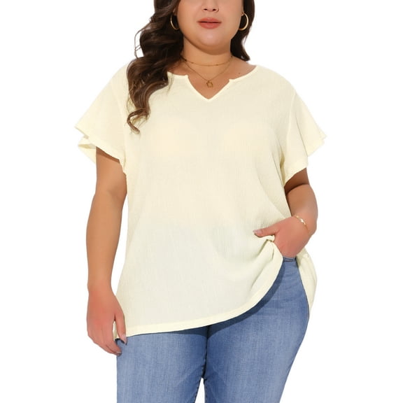 Agnes Orinda Women's Plus Size Tops Texture Notched V Neck Ruffle Sleeve Summer Casual  Tee Blouses 1X Beige