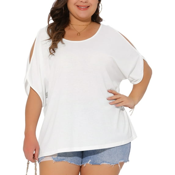 Agnes Orinda Women's Plus Size Tops Cold Shoulder Short Sleeve Crew Neck Blouse Solid Summer Casual Shirts 1X White