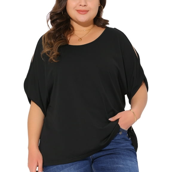Agnes Orinda Women's Plus Size Tops Cold Shoulder Short Sleeve Crew Neck Blouse Solid Summer Casual Shirts 4X Black