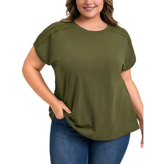 GRACE & GRANDEUR Women's Plus Size Tops Crew Neck Crochet Lace Trim Shoulder Short Sleeve Blouses 2X Army Green