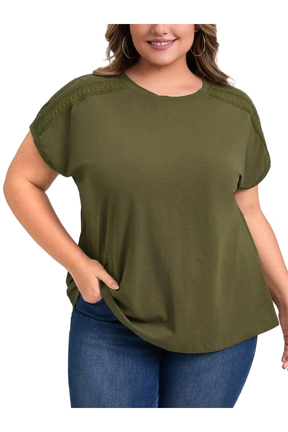 Women's Plus Size Tops Crew Neck Crochet Lace Trim Shoulder Short Sleeve Blouses 3X Army Green