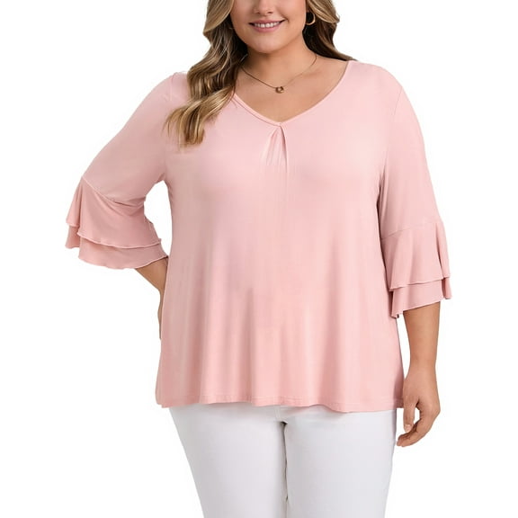 GRACE & GRANDEUR Women's Plus Size Tops Double Layered 3/4 Ruffle Sleeve V Neck Pleated Front Casual Blouses 1X Pink