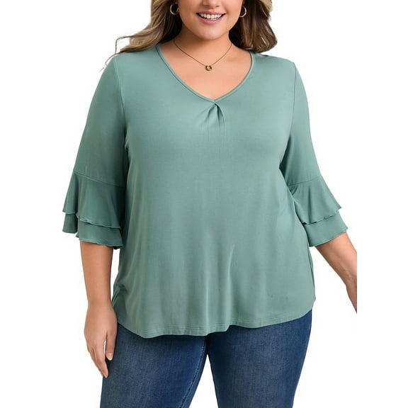 GRACE & GRANDEUR Women's Plus Size Tops Double Layered 3/4 Ruffle Sleeve V Neck Pleated Front Casual Blouses 2X Green
