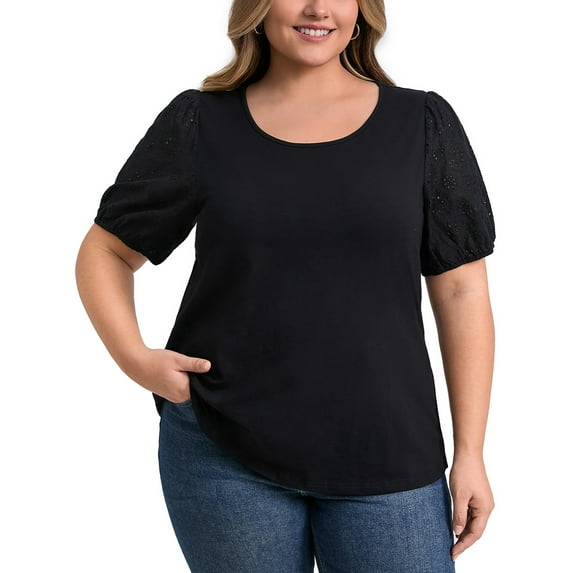 GRACE & GRANDEUR Women's Plus Size Tops Embroidered Panel Hollow Puff Short Sleeve Round Neck Casual Blouses 2X Black