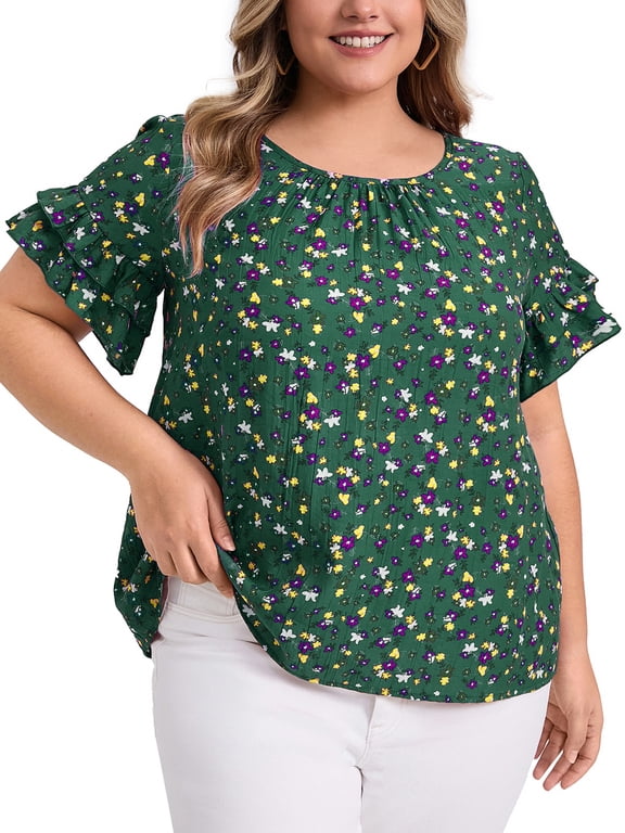 Women's Plus Size Tops Floral Print Crew Neck Double Layer Ruffles Short Sleeve Summer Blouses 4X Dark Green