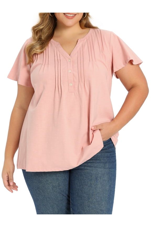 Women's Plus Size Easter Tops Pintuck Front Ruffle Sleeve Blouse Button Notch Neck Dressy Casual Tunic Shirt 1X Pink