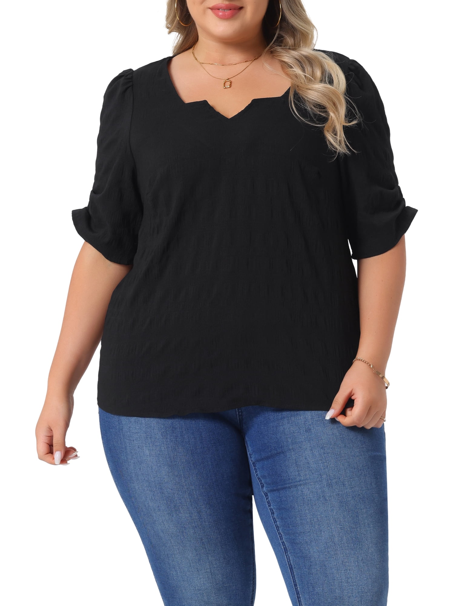 Plus Netted Tops Agnes Orinda Women's Plus Size Tops Texture Pleated Notched V Neck ...