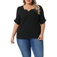 thumbnail image 1 of Agnes Orinda Women's Plus Size Tops Texture Pleated Notched V Neck Ruffle Short Sleeve Summer Casual Blouses 1X Black, 1 of 6