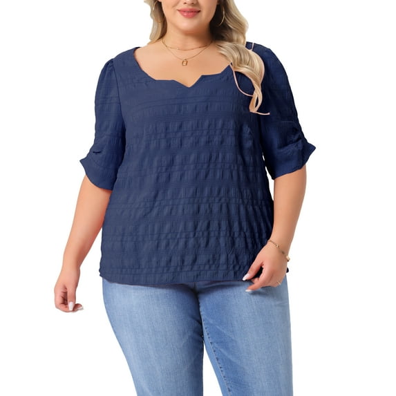 Agnes Orinda Women's Plus Size Easter Tops Texture Pleated Notched V Neck Ruffle Short Sleeve Summer Casual Blouses 3X Dark Blue