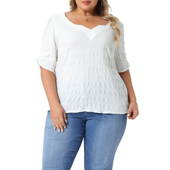 Agnes Orinda Women's Plus Size Tops Texture Pleated Notched V Neck Ruffle Short Sleeve Summer Casual Blouses 3X White