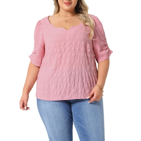 Agnes Orinda Women's Plus Size Tops Texture Pleated Notched V Neck Ruffle Short Sleeve Summer Casual Blouses 4X Pink