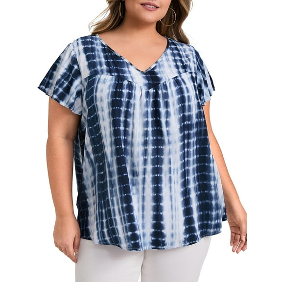 GRACE & GRANDEUR Women's Plus Size Tops Ruffle Short Sleeve T-Shirts Tie Dye V Neck Pleated Blouses 2X Dark Blue