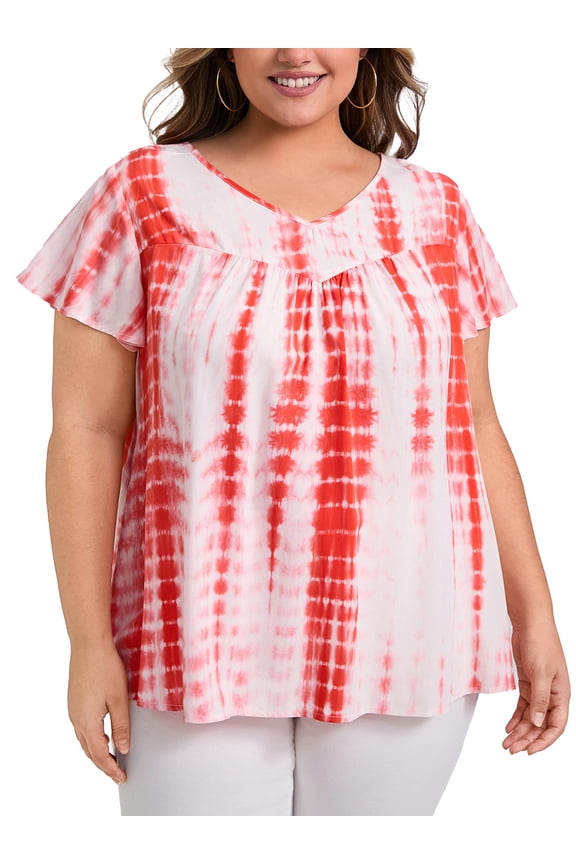 Women's Plus Size Tops Ruffle Short Sleeve T-Shirts Tie Dye V Neck Pleated Blouses 3X Orange