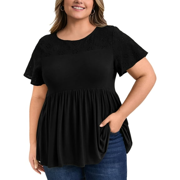 GRACE & GRANDEUR Women's Plus Size Tops Short Sleeve Crew Neck Ruffle Hem Eyelet Embroidery Babydoll Tunic Blouses 3X Black