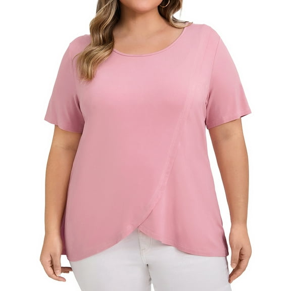 GRACE & GRANDEUR Women's Plus Size Valentines Day Tops Short Sleeve Round Neck Crossover Asymmetric Tulip Hem Casual Blouses 2X Pink