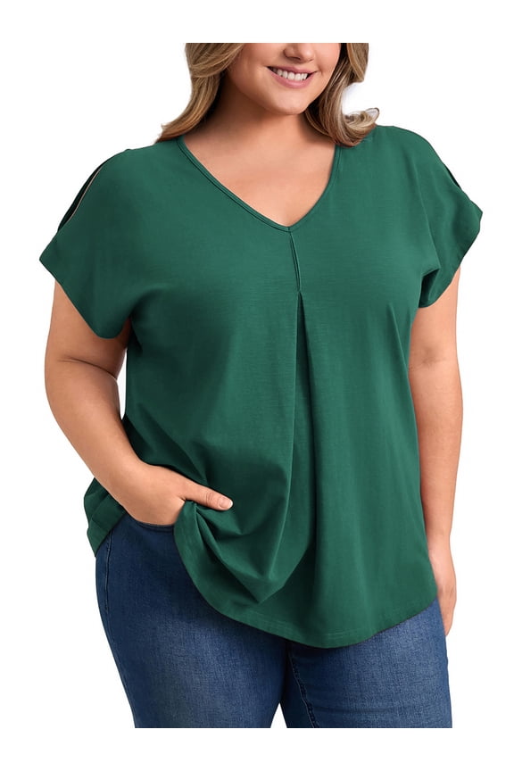 Women's Plus Size Tops Slit Sleeve V Neck Blouses Cold Shoulder Casual Summer Tee Top 3X Dark Green