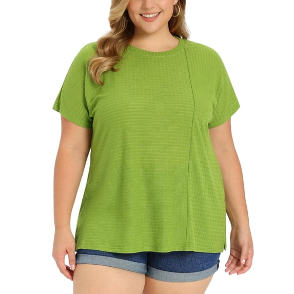 GRACE & GRANDEUR Women's Plus Size Easter Tops Textured Panel Front Crew Neck Solid Blouse Raglan Sleeve Loose Casual Blouses Top 1X Olive Green