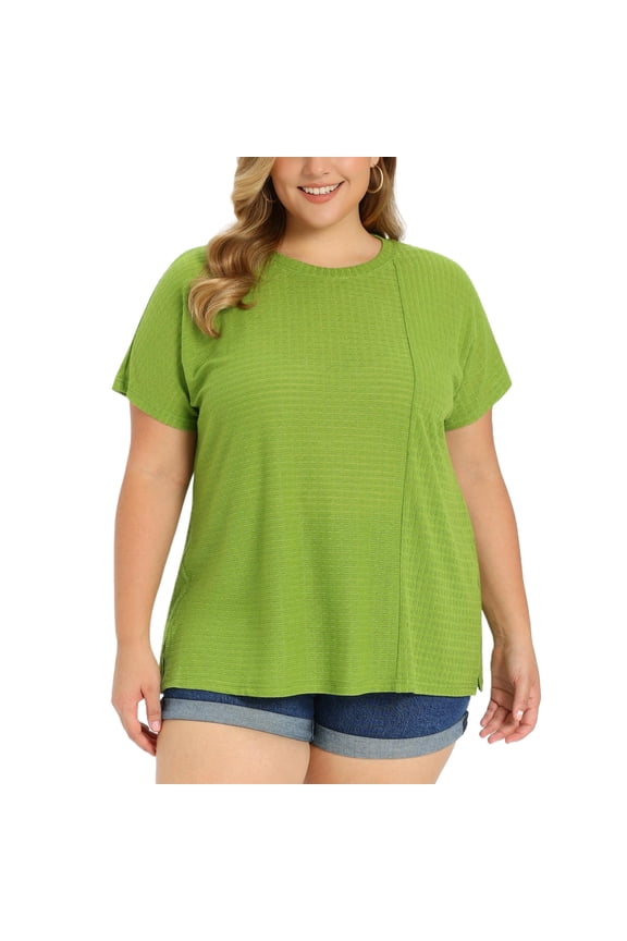 Women's Plus Size Easter Tops Textured Panel Front Crew Neck Solid Blouse Raglan Sleeve Loose Casual Blouses Top 2X Olive Green