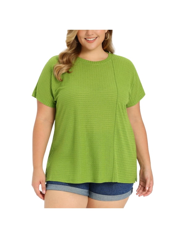 Women's Plus Size Easter Tops Textured Panel Front Crew Neck Solid Blouse Raglan Sleeve Loose Casual Blouses Top 4X Olive Green