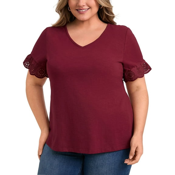GRACE & GRANDEUR Women's Plus Size Tops V Neck Dressy Casual Top Eyelet Embroidered Lace Short Sleeve Blouses 1X Burgundy