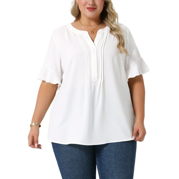 Agnes Orinda Women's Plus Size Tops Notched V Neck Shirt Ruffle Short Sleeve Casual Summer Chiffon Blouse 1X White