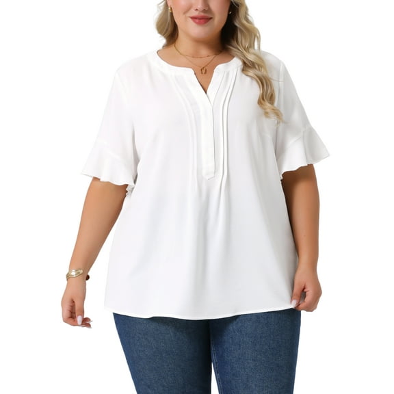 Agnes Orinda Women's Plus Size Tops Notched V Neck Shirt Ruffle Short Sleeve Casual Summer Chiffon Blouse 1X White