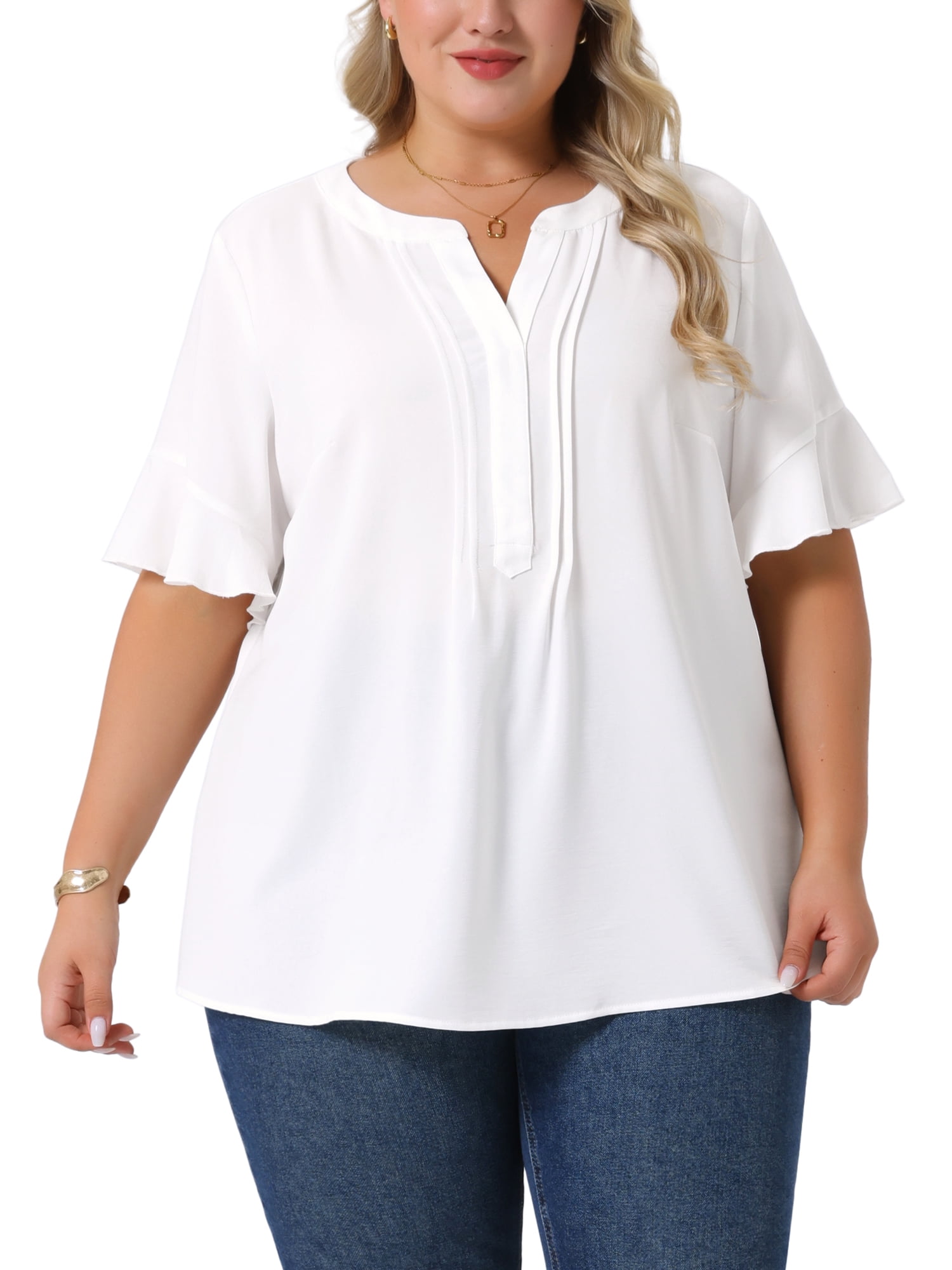 Agnes Orinda Women's Plus Size Top V Neck Ruffle Short Sleeve Casual ...