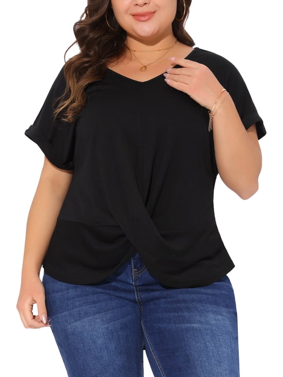Women's Plus Size Tops Twist Knot V Neck Short Sleeve Summer Casual Blouses 2X Black