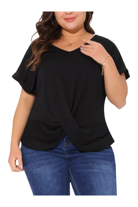Women's Plus Size Tops Twist Knot V Neck Short Sleeve Summer Casual Blouses 3X Black