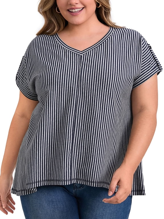 Women's Plus Size Tops Vertical Stripe V Neck Short Sleeve Blouses Drop Shoulder Top 1X Blue Gray