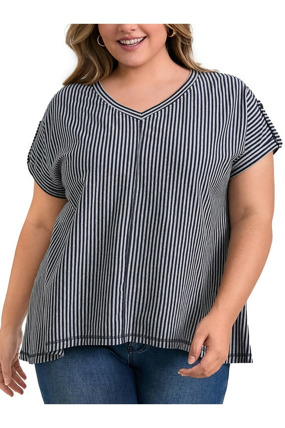Women's Plus Size Tops Vertical Stripe V Neck Short Sleeve Blouses Drop Shoulder Top 1X Blue Gray