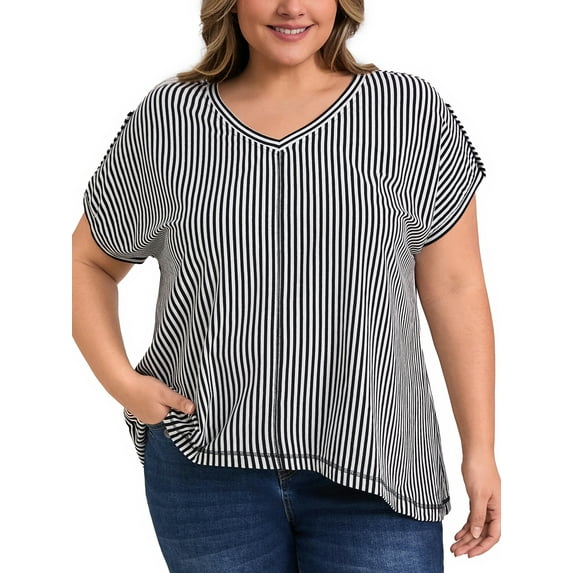 GRACE & GRANDEUR Women's Plus Size Tops Vertical Stripe V Neck Short Sleeve Blouses Drop Shoulder Top 2X Black