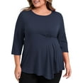 thumbnail image 1 of GRACE & GRANDEUR Women's Plus Size Tops Waist Pleated 3/4 Sleeve Loose Fit Crew Neck Asymmetric Hem Casual Blouses 3X Dark Blue, 1 of 5