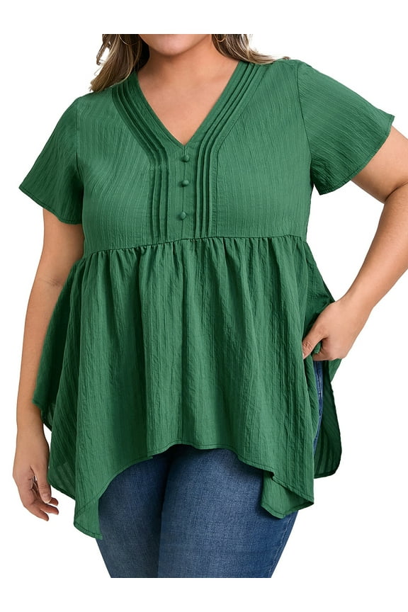 Women's Plus Size St. Patrick's Day Tops Texture Button Decor V Neck Short Sleeve Asymmetrical Hem Pintuck Casual Babydoll Blouse 1X Dark Green