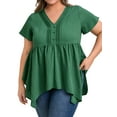 thumbnail image 1 of GRACE & GRANDEUR Women's Plus Size Mother's Day St. Patrick's Day Tops Texture Button Decor V Neck Short Sleeve Asymmetrical Hem Pintuck Casual Babydoll Blouse 2X Dark Green, 1 of 5