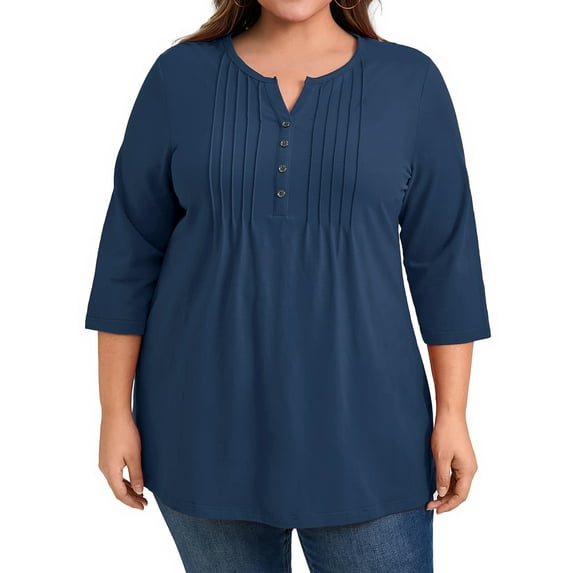 GRACE & GRANDEUR Women's Plus Size Tunic Tops Pintuck Pleated V Neck 3/4 Sleeve Henley Button Shirts Casual Blouses 1X Navy Blue