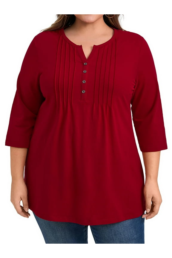 Women's Plus Size St. Patrick's Day Tunic Tops Pintuck Pleated V Neck 3/4 Sleeve Henley Button Shirts Casual Blouses 3X Red