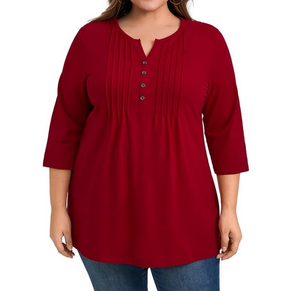 GRACE & GRANDEUR Women's Plus Size St. Patrick's Day Tunic Tops Pintuck Pleated V Neck 3/4 Sleeve Henley Button Shirts Casual Blouses 4X Red