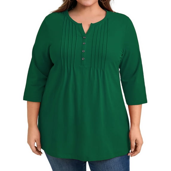 GRACE & GRANDEUR Women's Plus Size Tunic Tops Pintuck Pleated V Neck 3/4 Sleeve Henley Button Shirts Casual Blouses 3X Dark Green