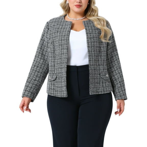Agnes Orinda Women's Plus Size Tweed Blazer Plaid Collarless Open Front Long Sleeve Business Casual Jacket Suits with Button Decor 3X Black