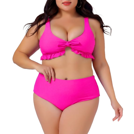 Agnes Orinda Women's Plus Size 2 Piece Swimsuits Tie High Waisted Ruffle Tummy Control Bathing Suits Swimwear 1X Hot Pink