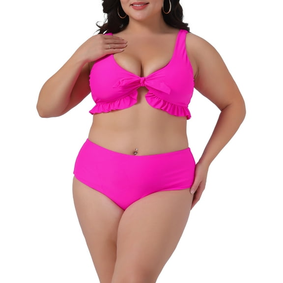 Agnes Orinda Women's Plus Size 2 Piece Swimsuits Tie High Waisted Ruffle Tummy Control Bathing Suits Swimwear 1X Hot Pink